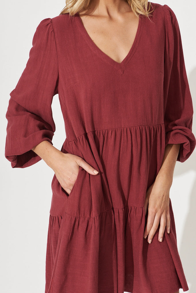 Trixie Tiered Smock Dress In Berry Linen - detail