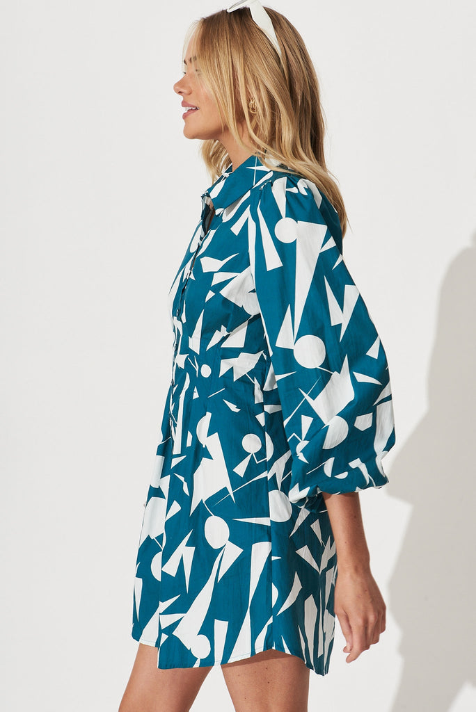 Geneva Dress In Teal With White Print Cotton - side