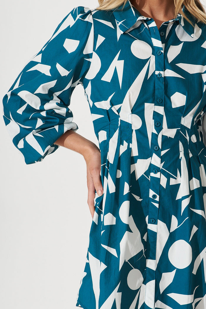 Geneva Dress In Teal With White Print Cotton - detail