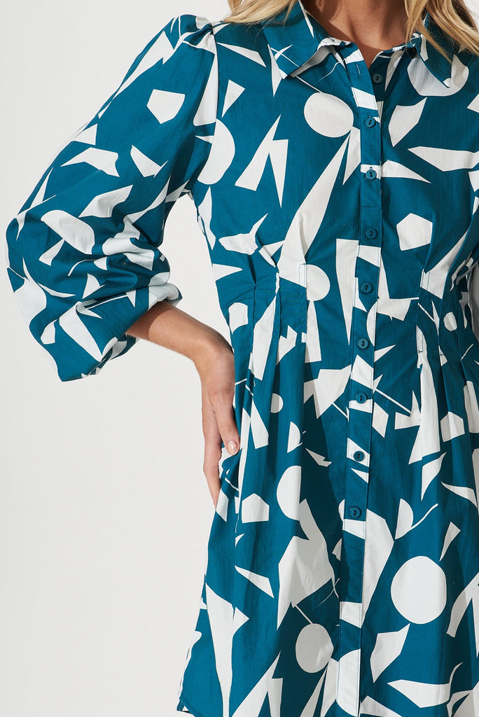 Geneva Dress In Teal With White Print Cotton - detail