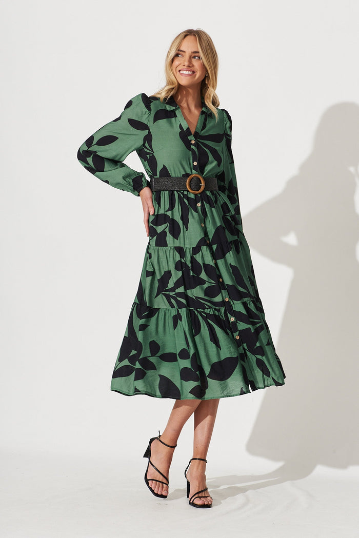 Bienne Midi Shirt Dress In Green With Black Leaf Print Cotton Blend - full length