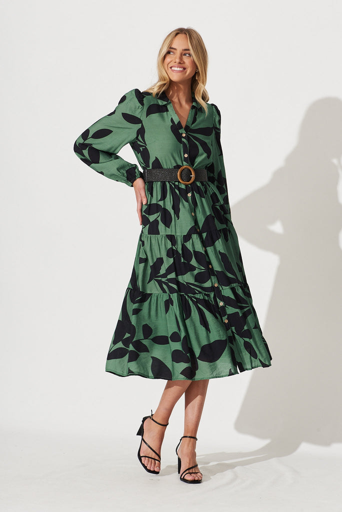 Bienne Midi Shirt Dress In Green With Black Leaf Print Cotton Blend - full length