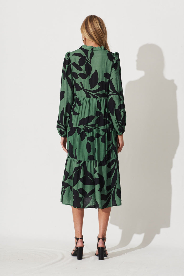 Bienne Midi Shirt Dress In Green With Black Leaf Print Cotton Blend - back
