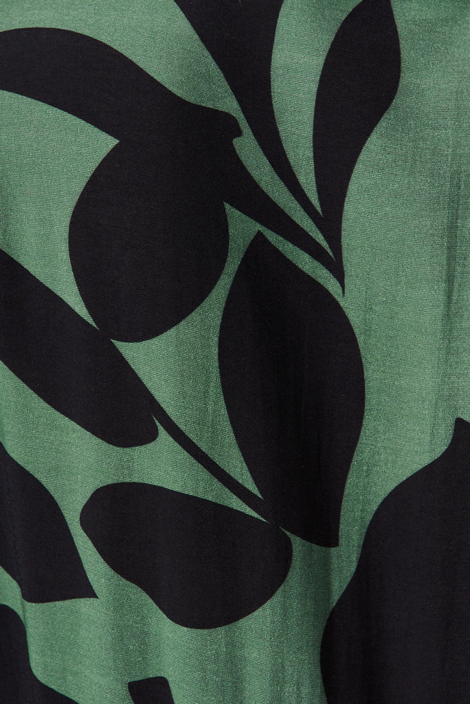 Bienne Midi Shirt Dress In Green With Black Leaf Print Cotton Blend - fabric