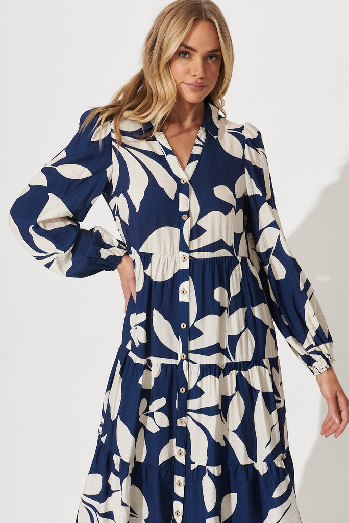 Bienne Midi Shirt Dress In Navy With Cream Leaf Print Cotton Blend - front