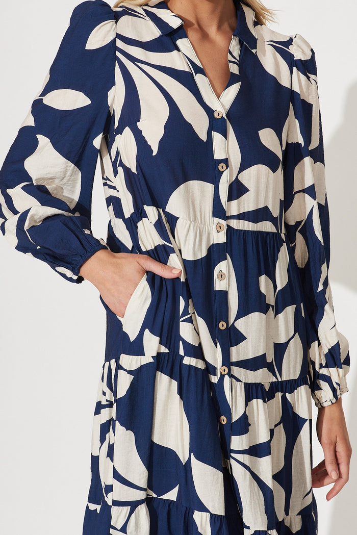 Bienne Midi Shirt Dress In Navy With Cream Leaf Print Cotton Blend - detail