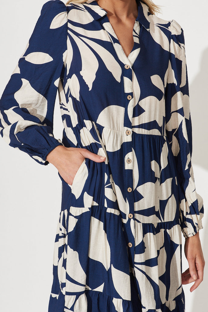 Bienne Midi Shirt Dress In Navy With Cream Leaf Print Cotton Blend - detail