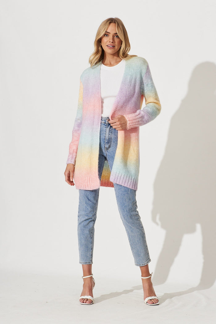 Darlington Knit Cardigan In Pastel Rainbow Wool Blend - full length