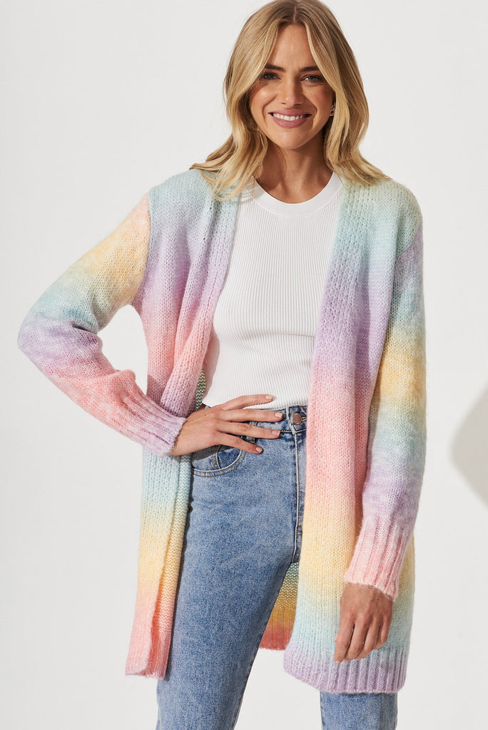 Darlington Knit Cardigan In Pastel Rainbow Wool Blend - front