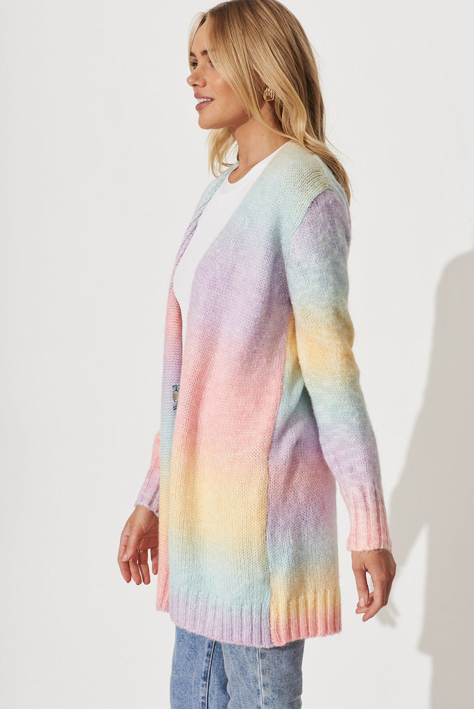 Darlington Knit Cardigan In Pastel Rainbow Wool Blend - side
