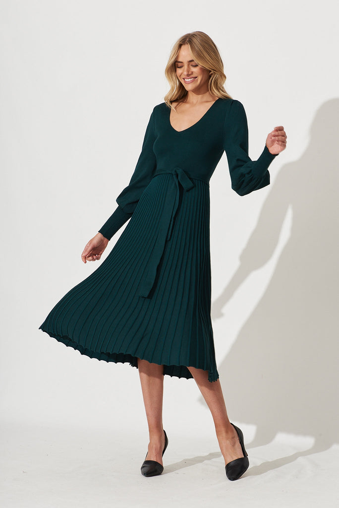 Albi Midi Knit Dress In Emerald Cotton Blend - full length