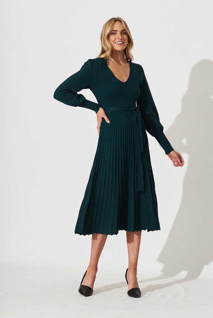 Albi Midi Knit Dress In Emerald Cotton Blend - full length