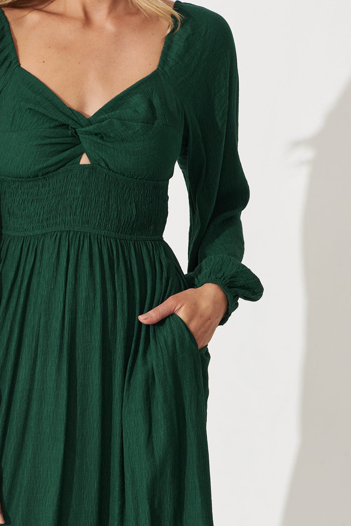 Antigua Midi Dress In Emerald Cotton Blend - detail