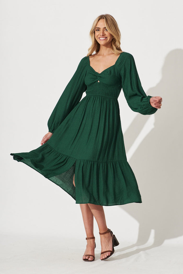 Antigua Midi Dress In Emerald Cotton Blend - full length
