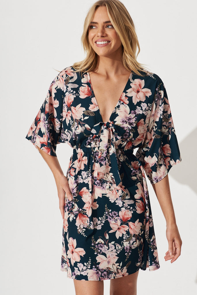 Ava Dress In Teal With Pink Floral - front