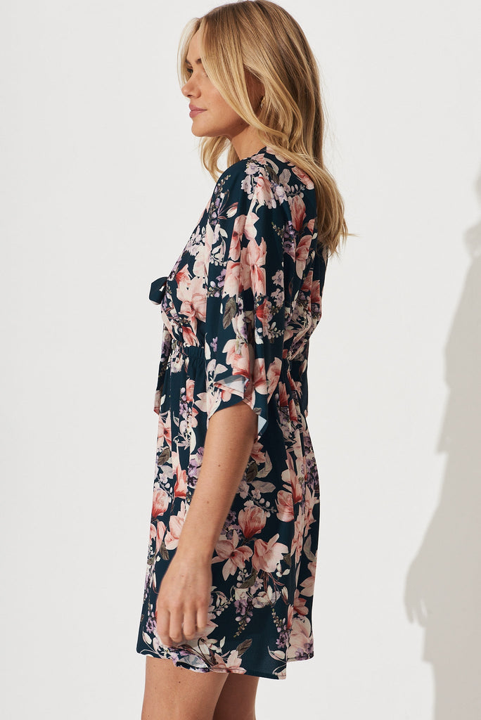 Ava Dress In Teal With Pink Floral - side