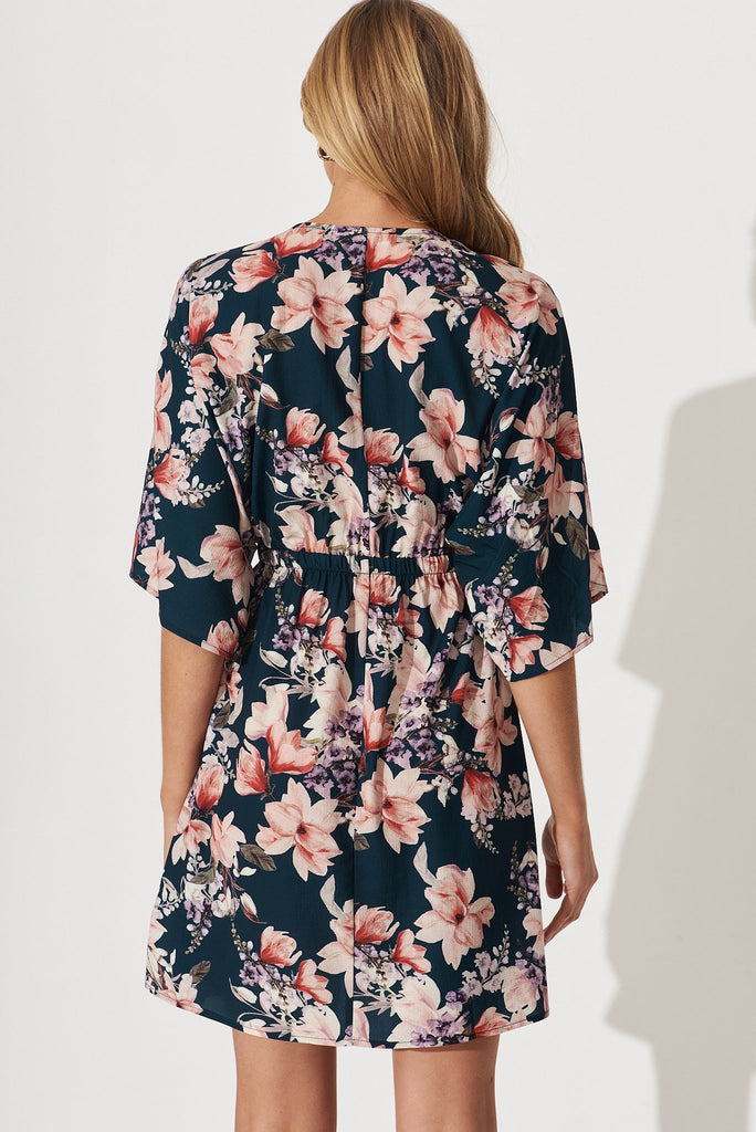 Ava Dress In Teal With Pink Floral - back