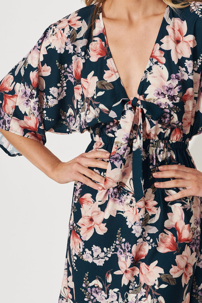 Ava Dress In Teal With Pink Floral - detail