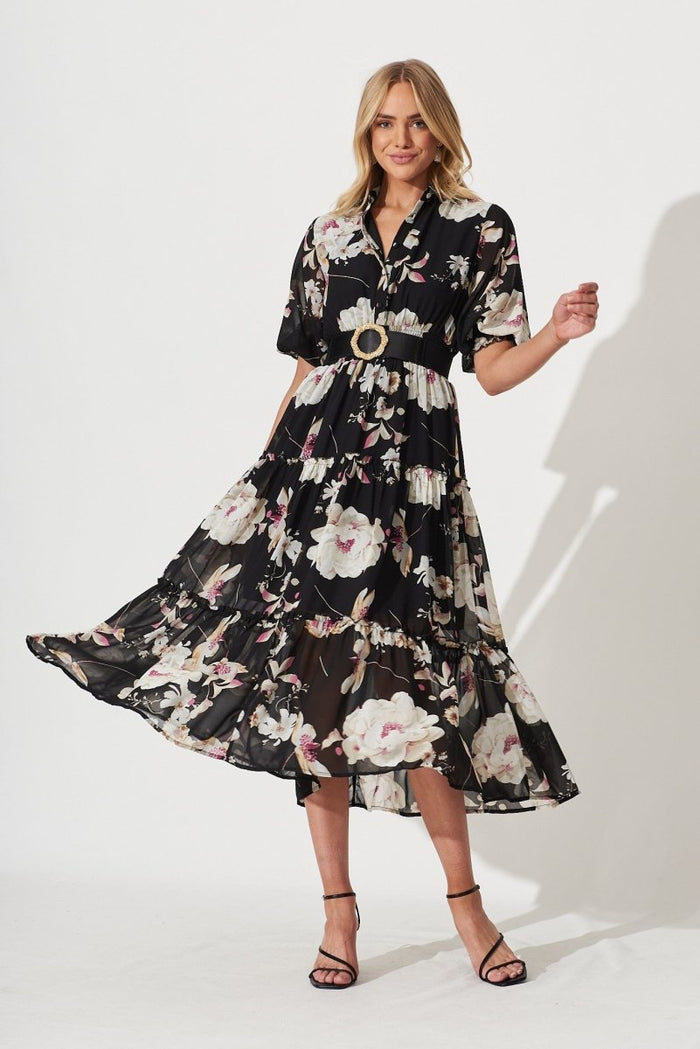 Brittney Midi Dress In Black Floral Chiffon - St Frock (Dev)