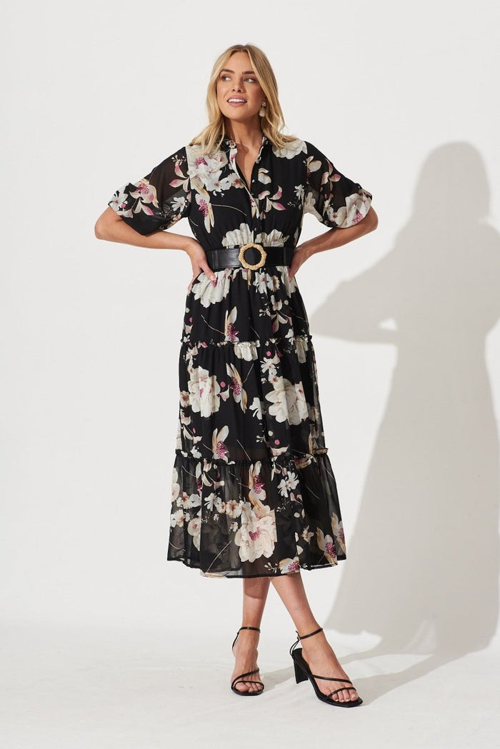 Brittney Midi Dress In Black Floral Chiffon - St Frock (Dev)