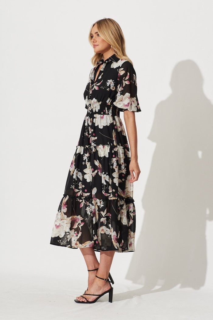 Brittney Midi Dress In Black Floral Chiffon - St Frock (Dev)