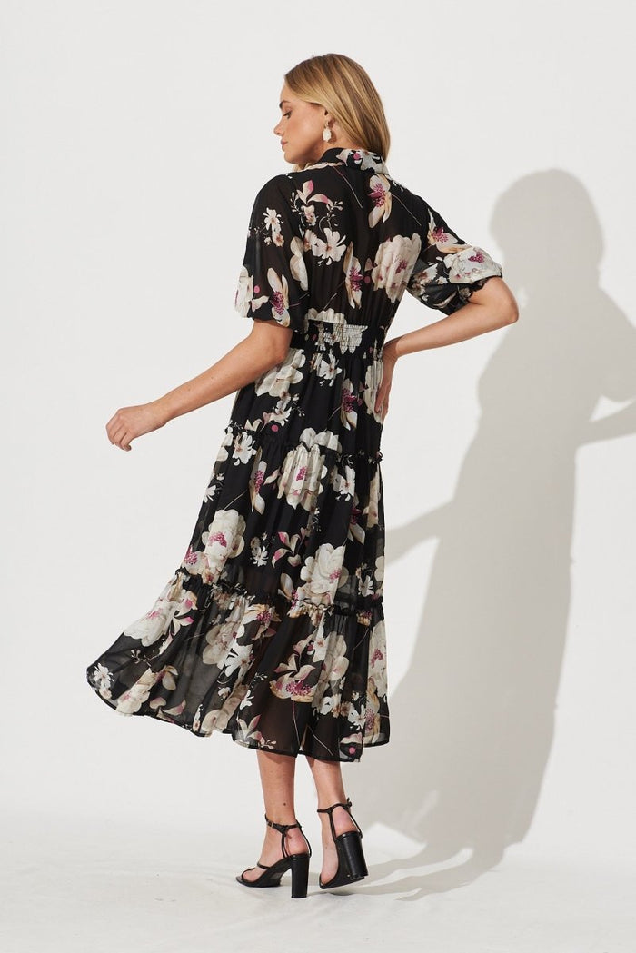 Brittney Midi Dress In Black Floral Chiffon - St Frock (Dev)