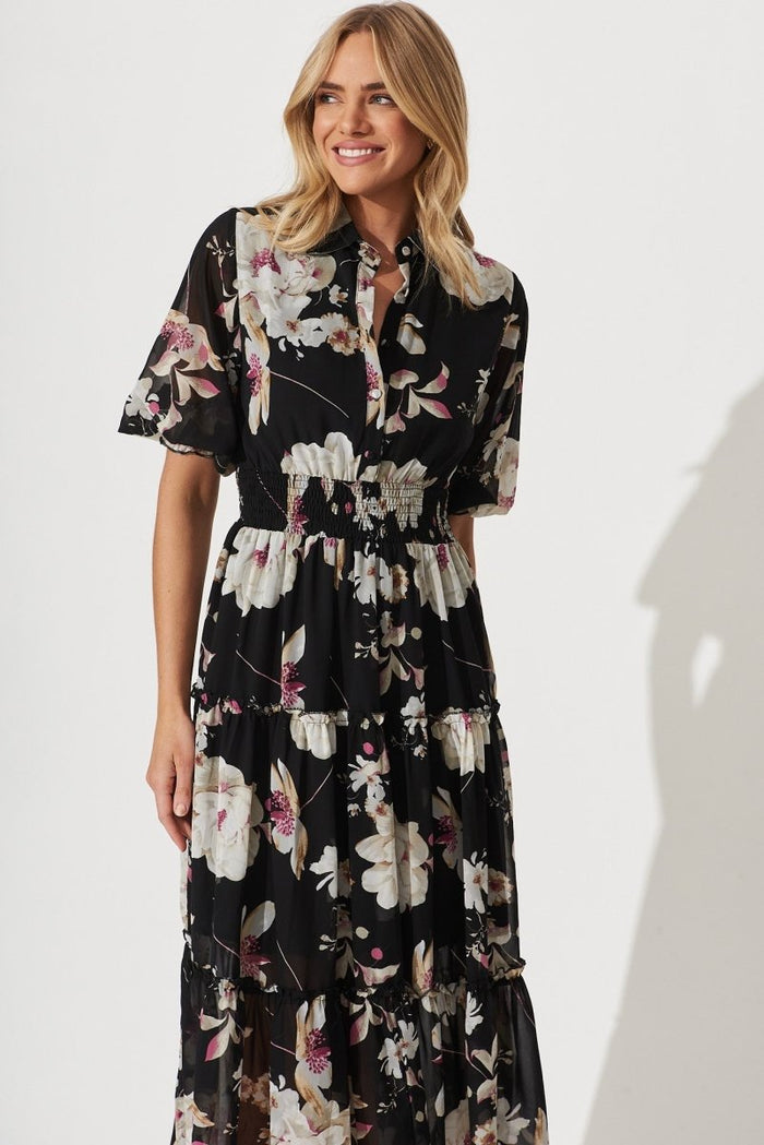 Brittney Midi Dress In Black Floral Chiffon - St Frock (Dev)