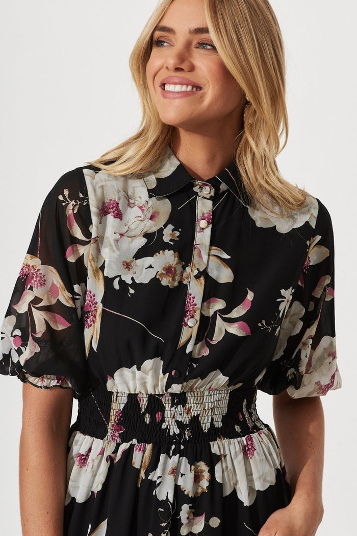 Brittney Midi Dress In Black Floral Chiffon - St Frock (Dev)