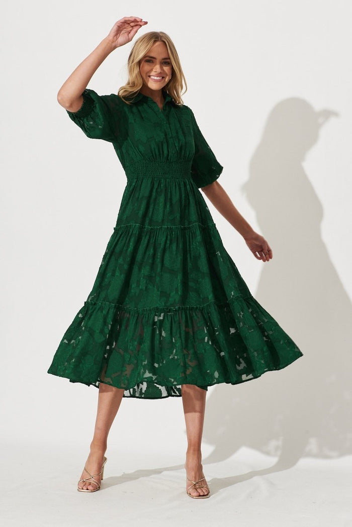 Brittney Midi Dress In Emerald Burnout Chiffon - St Frock (Dev)