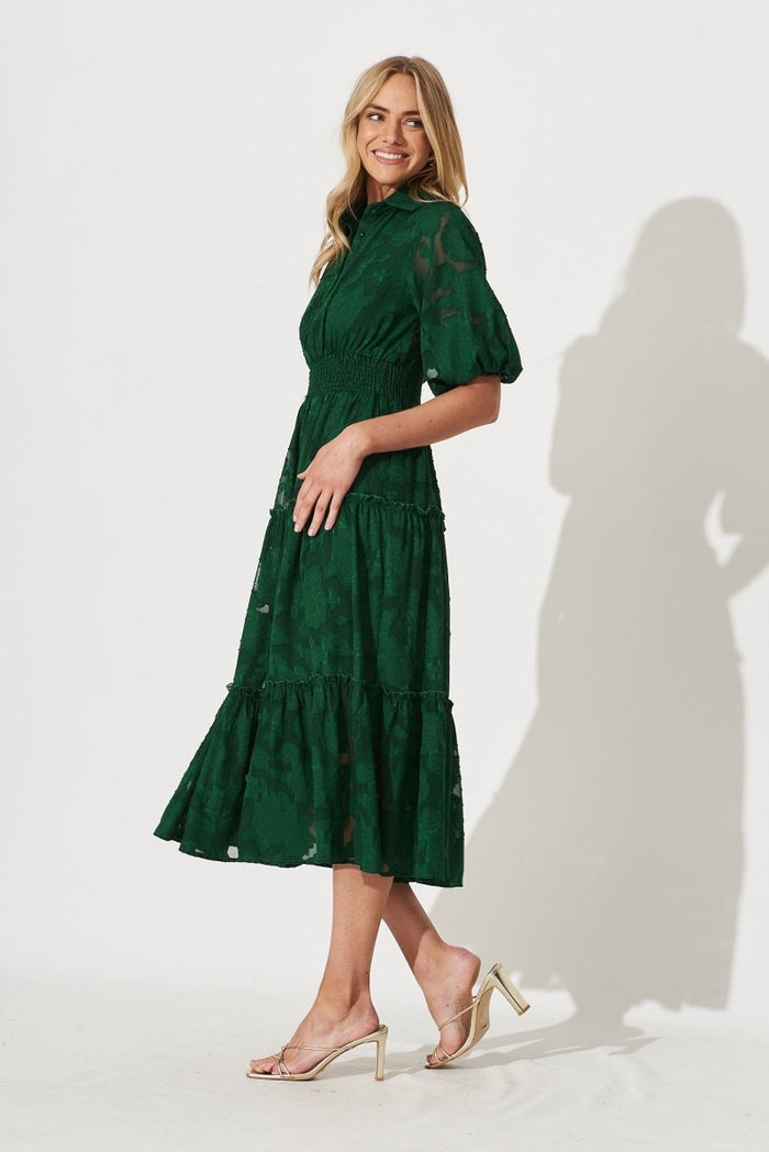 Brittney Midi Dress In Emerald Burnout Chiffon - St Frock (Dev)
