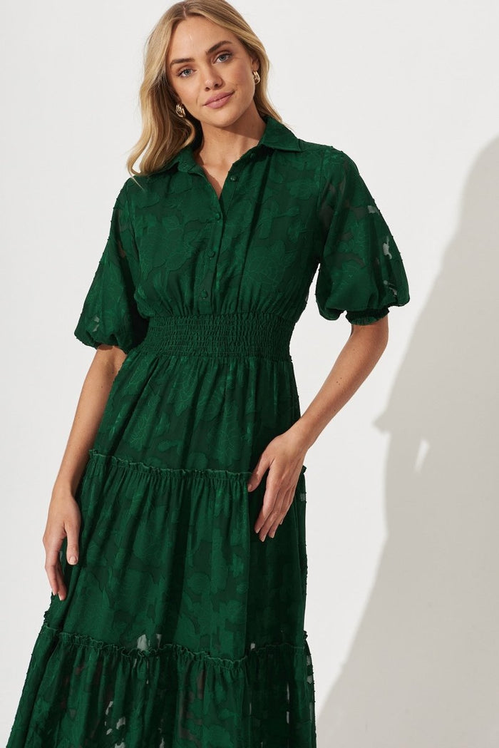 Brittney Midi Dress In Emerald Burnout Chiffon - St Frock (Dev)
