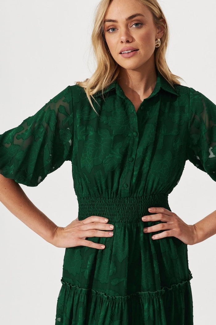Brittney Midi Dress In Emerald Burnout Chiffon - St Frock (Dev)