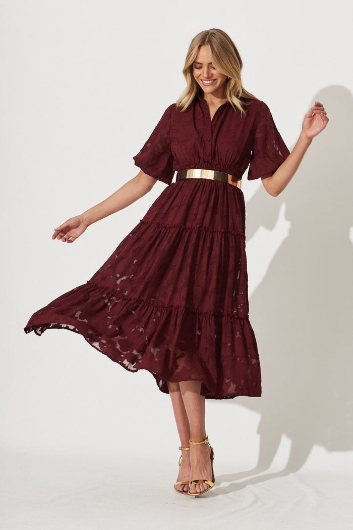 Brittney Midi Dress In Wine Burnout Chiffon - St Frock (Dev)
