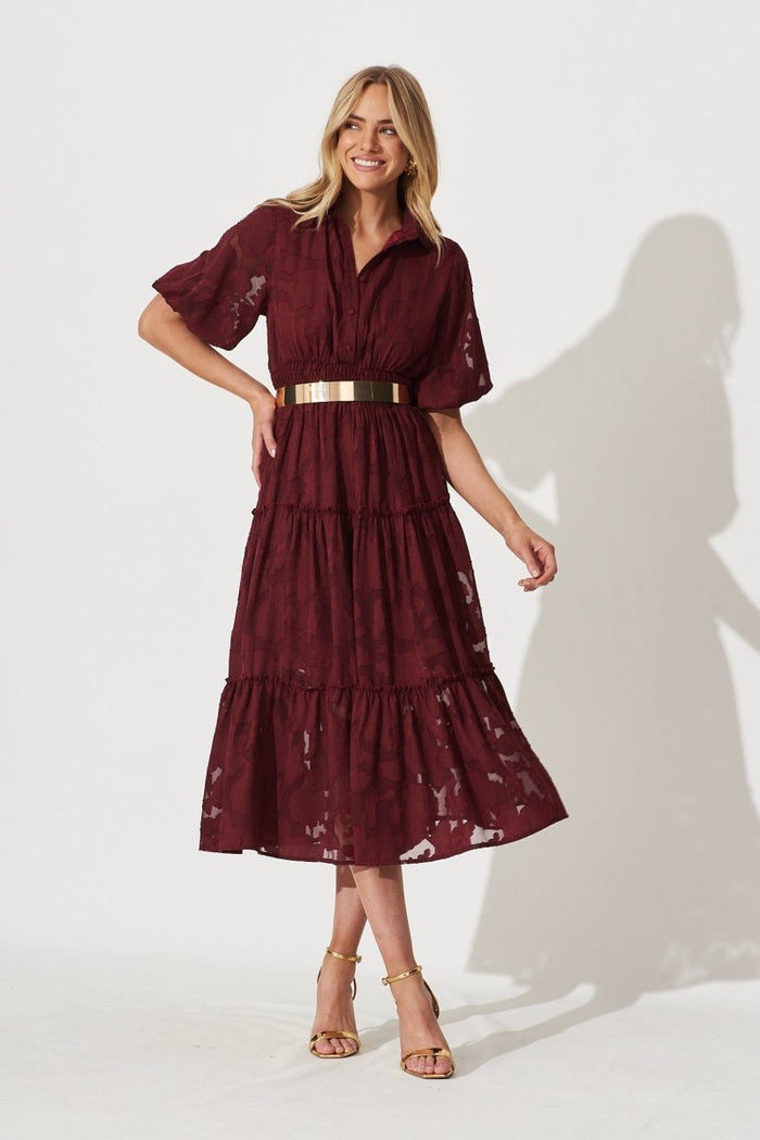 Brittney Midi Dress In Wine Burnout Chiffon - St Frock (Dev)