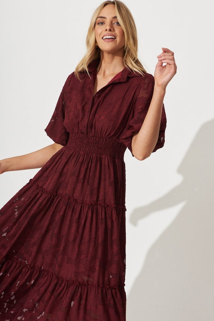 Brittney Midi Dress In Wine Burnout Chiffon - St Frock (Dev)
