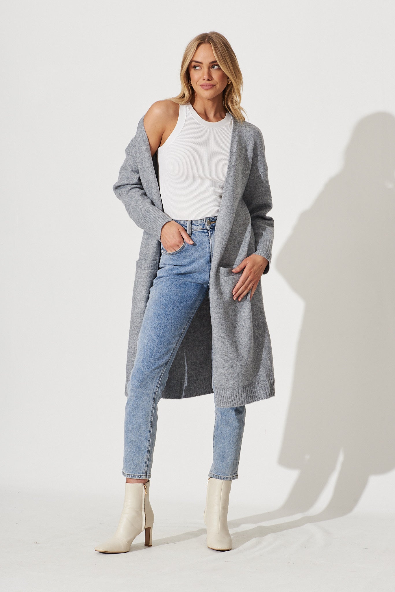 Medina Knit Cardigan In Grey Wool Blend - full length