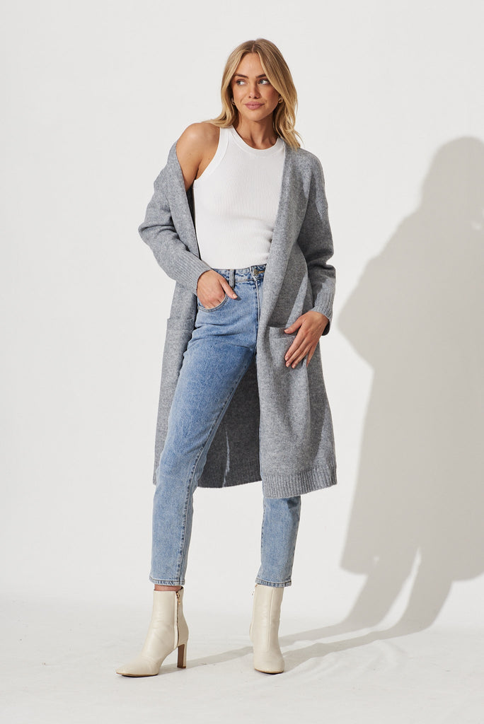 Medina Knit Cardigan In Grey Wool Blend - full length