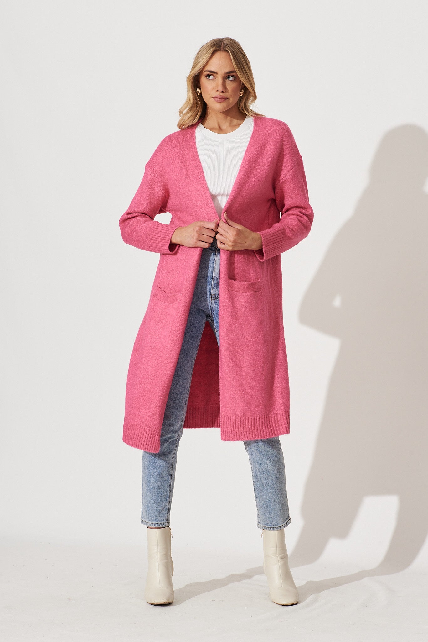 Medina Knit Cardigan In Candy Pink Wool Blend - full length