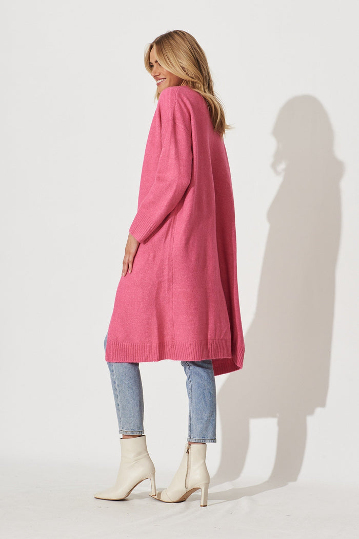 Medina Knit Cardigan In Candy Pink Wool Blend - side