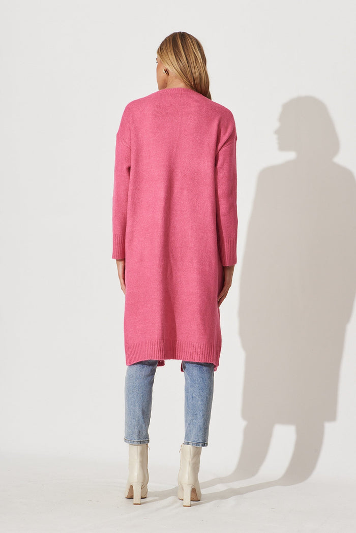 Medina Knit Cardigan In Candy Pink Wool Blend - back