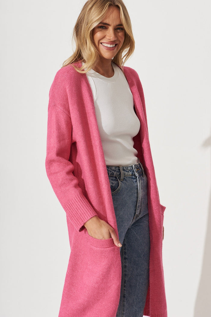 Medina Knit Cardigan In Candy Pink Wool Blend - front