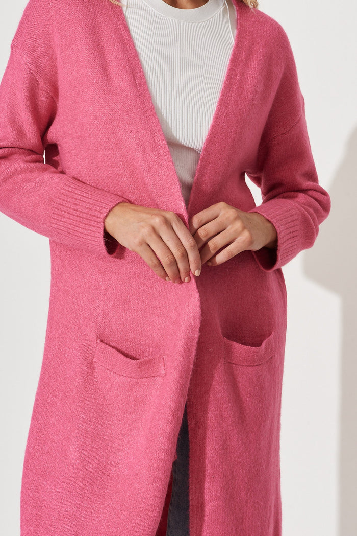 Medina Knit Cardigan In Candy Pink Wool Blend - detail