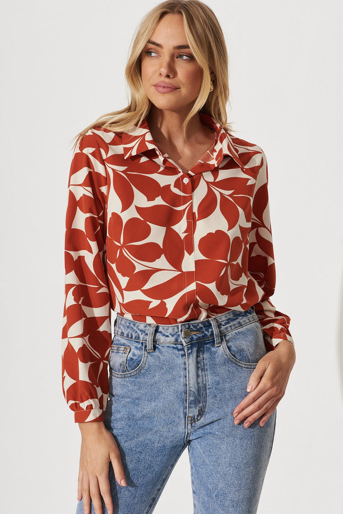 Zurich Top In Cream With Rust Leaf Print - front
