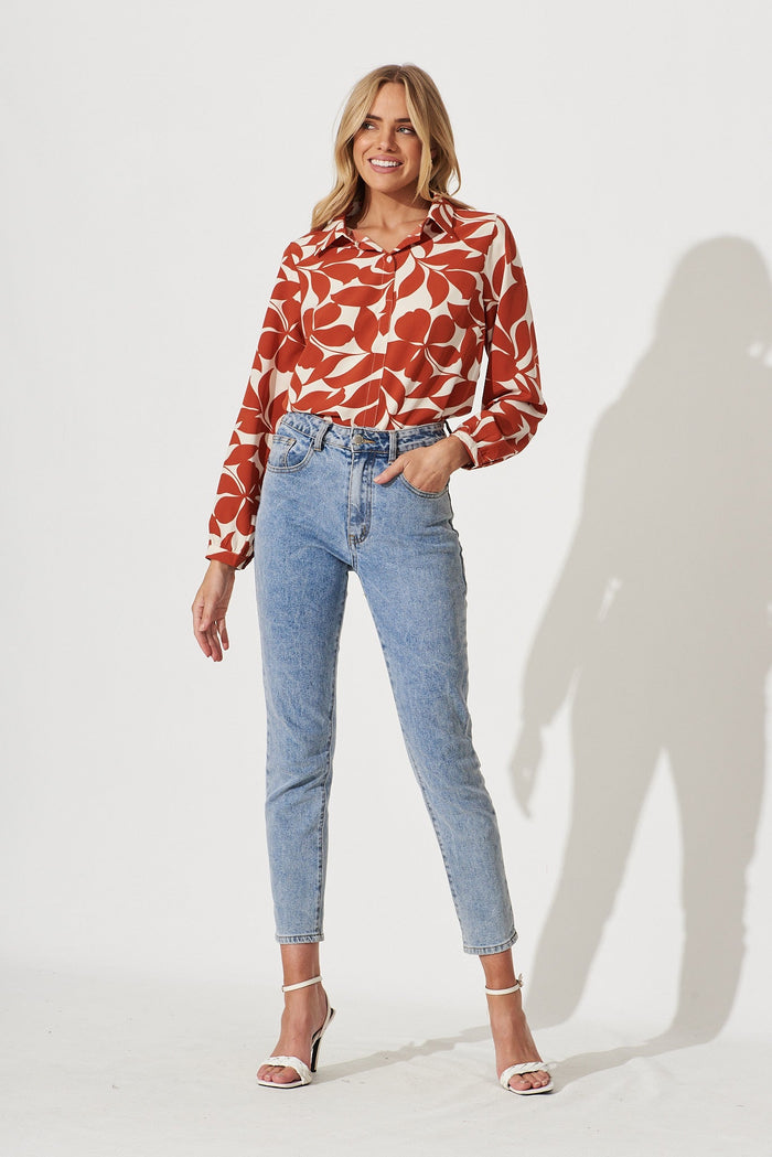 Zurich Top In Cream With Rust Leaf Print - full length