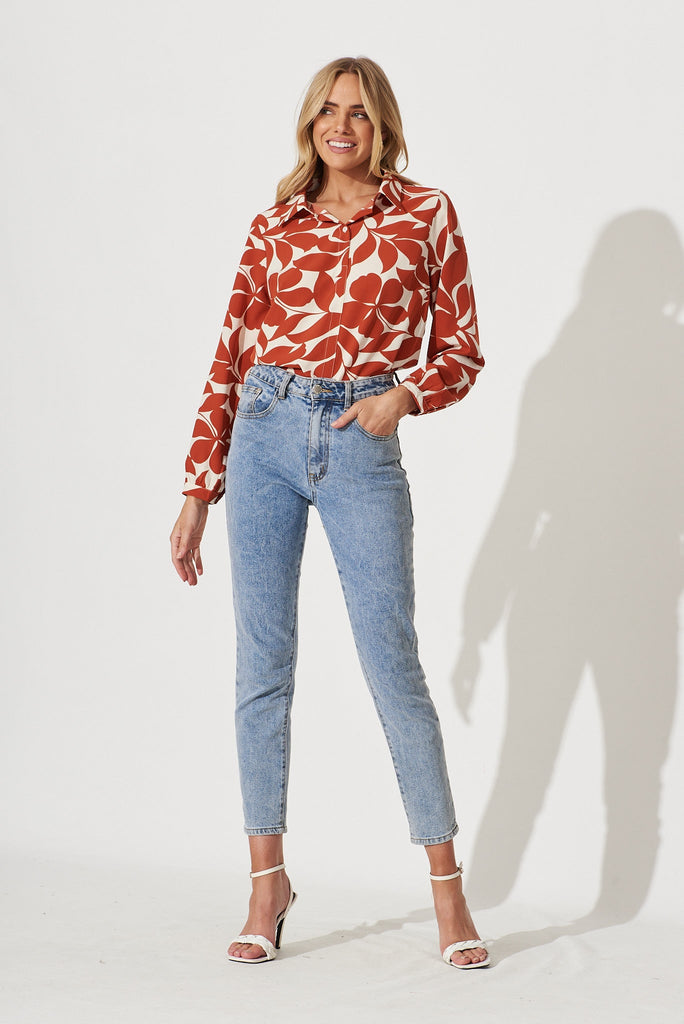 Zurich Top In Cream With Rust Leaf Print - full length