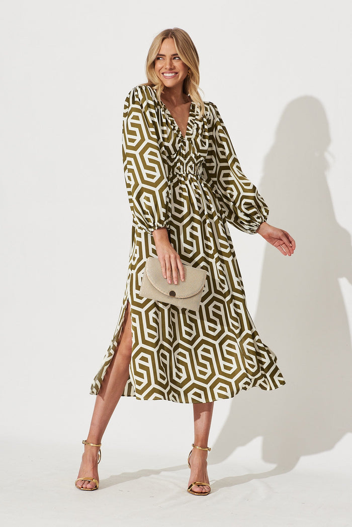 Tobago Midi Dress In Cream With Khaki Geometric Print - full length