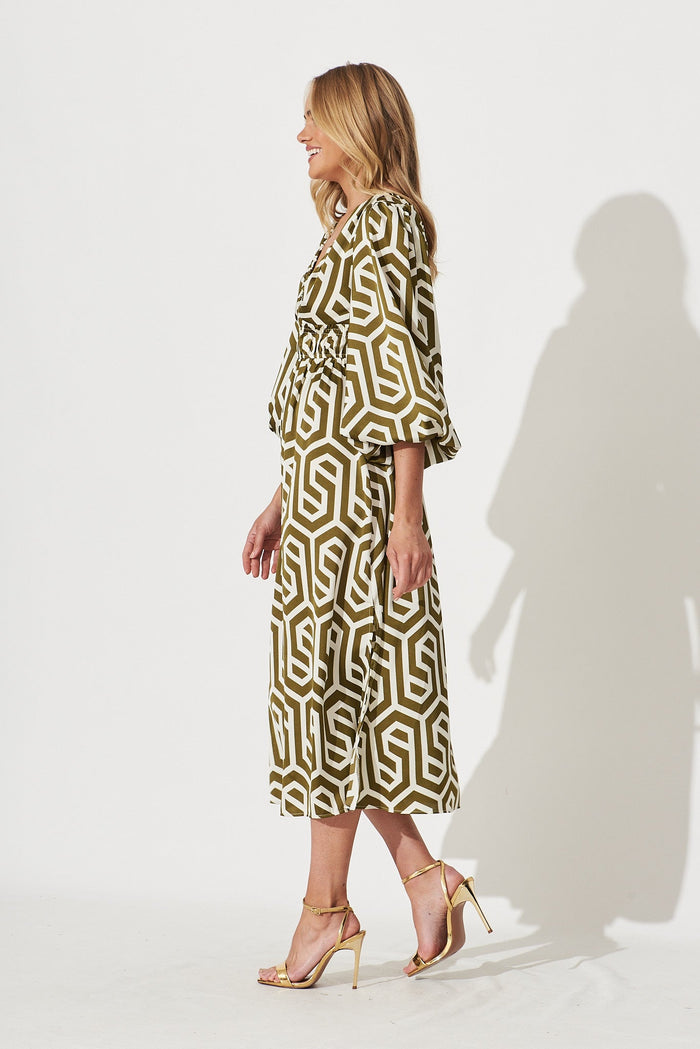 Tobago Midi Dress In Cream With Khaki Geometric Print - side