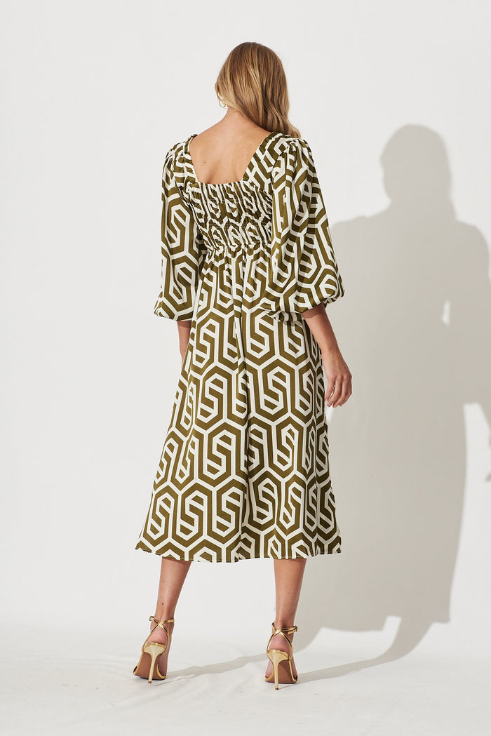 Tobago Midi Dress In Cream With Khaki Geometric Print - back