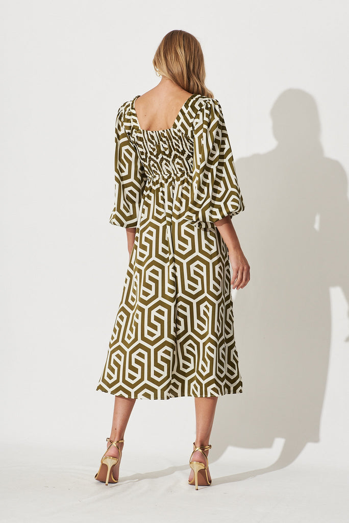 Tobago Midi Dress In Cream With Khaki Geometric Print - back