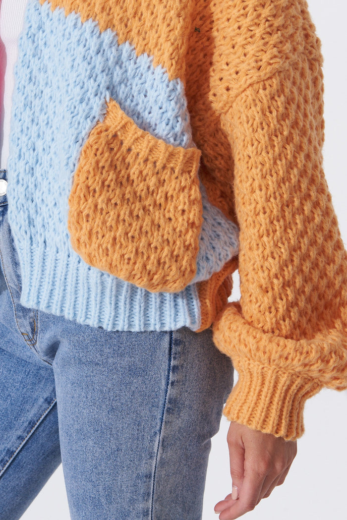 Sewell Knit Cardigan In Tangerine Multi Colour Block Wool Blend - detail
